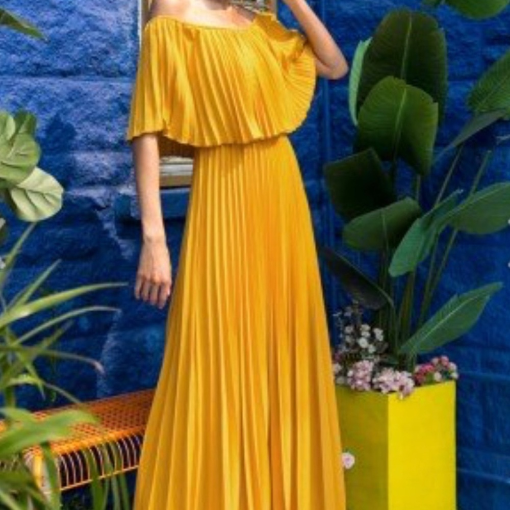 Off-Shoulder Pleated Maxi Dress in Mustard